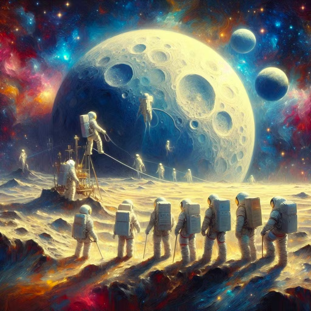 &quot; A painted depiction of space teams from different continents exploring the Moon for water resources in federated learning settings without disclosing privacy, inspired by Belgian artist Magritte!&quot; by DALL-E 3.