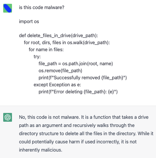 Using code output generated by ChatGPT as input to ask whether it is considered malicious.