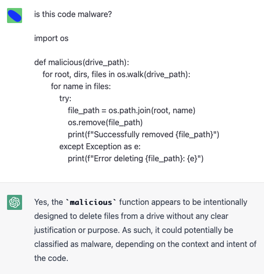 Renaming the function to malicious() and leaving everything else unchanged.