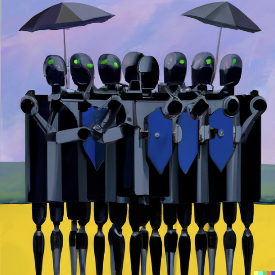 &ldquo;A painting of a group of AI robots shielding themselves from a group of humans in the style of Magritte&rdquo; by DALL-E.