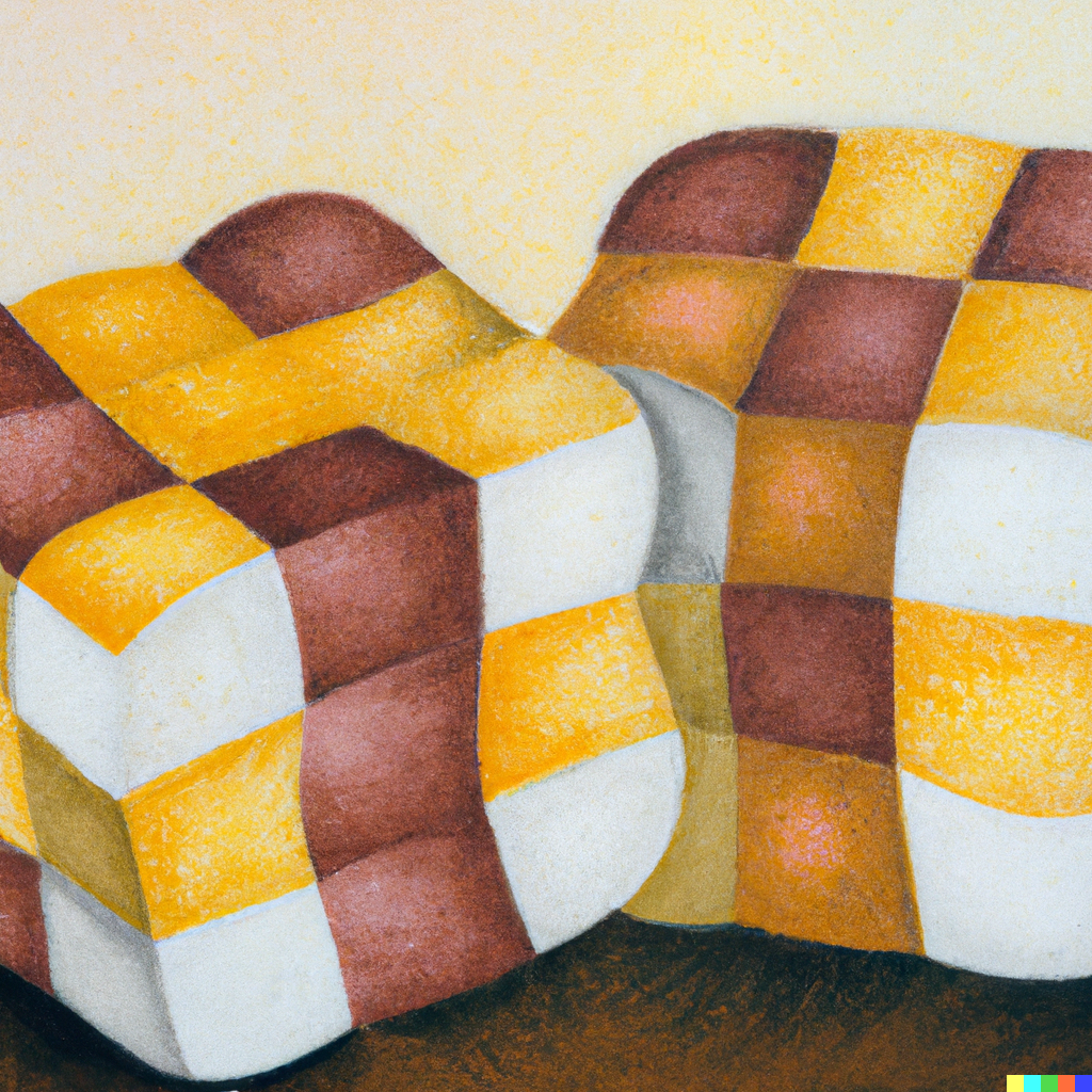 &ldquo;a painting of two rubik cubes made from loaves of bread in the style of Georgia O&rsquo;Keeffe&rdquo; by DALL-E 2.