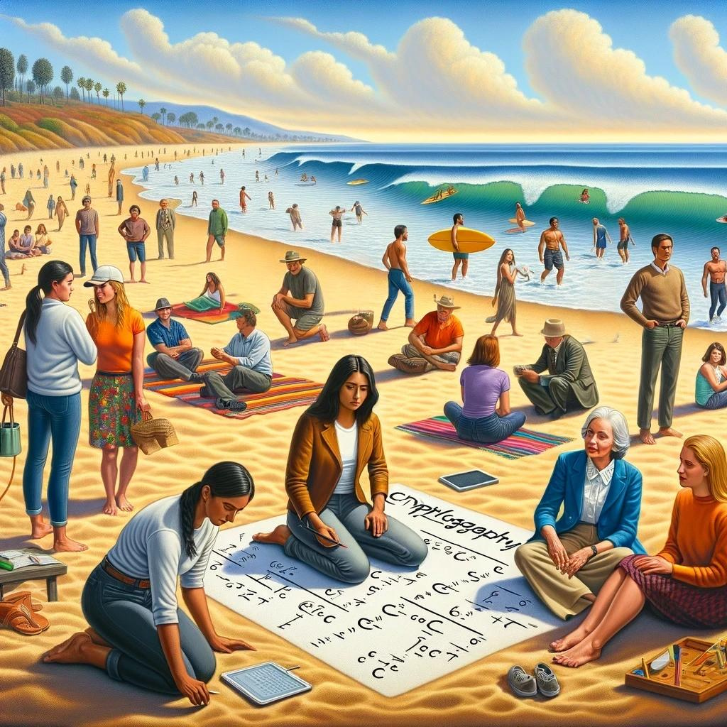 &ldquo;An image of a cryptographer writing equations on the sand of a Californian beach in the style of Frida Kahlo&rdquo; by DALL-E 3.