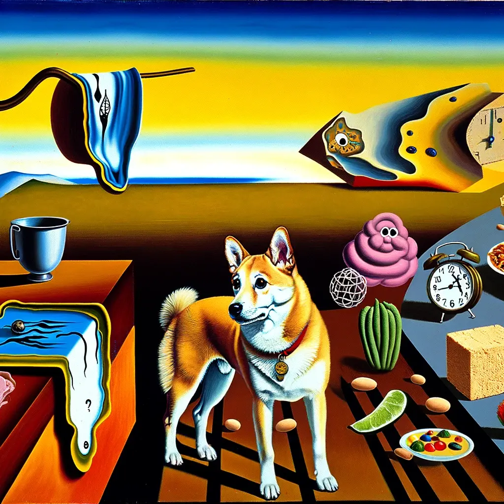 &ldquo;A painting in the style of Salvador Dali featuring FIDO the dog, excluding any representation of TOFU the food&rdquo; by DALL-E.