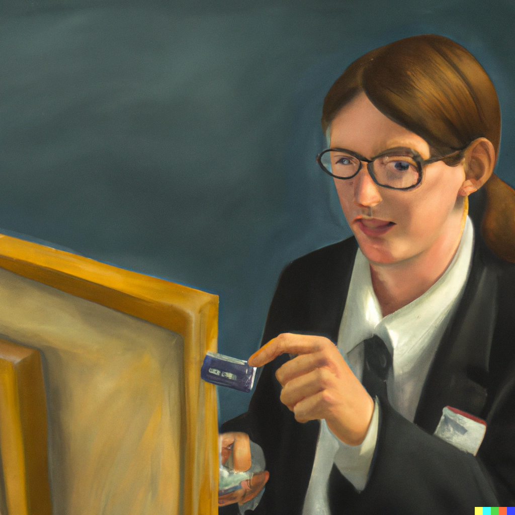 &ldquo;an oil painting of a scientist logging into a website&rdquo; by DALL-E.