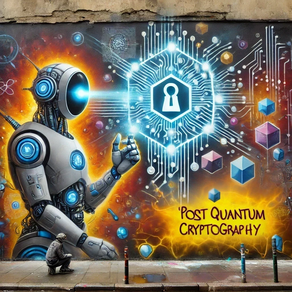 &ldquo;A street graffiti style painting depicting the concept of machine-checking post-quantum cryptography&rdquo; by DALL-E 3.