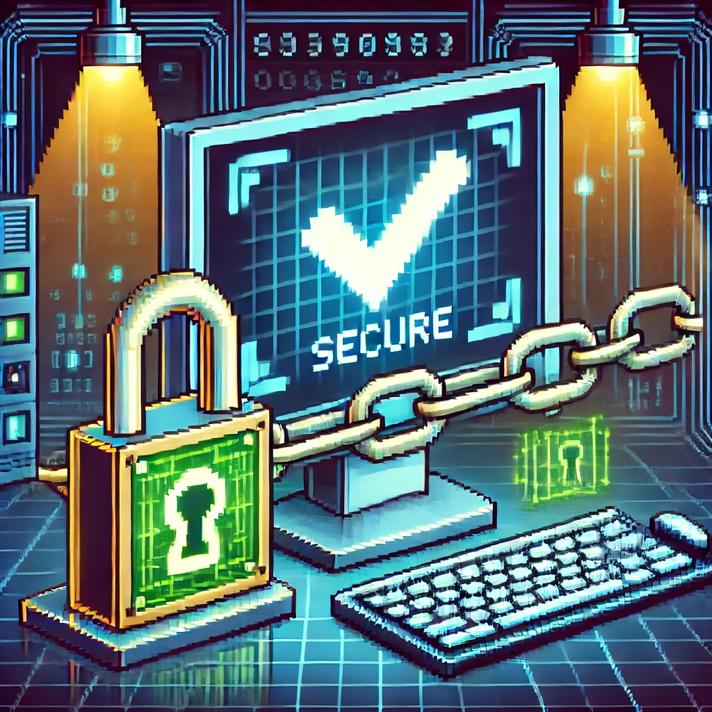 &ldquo;Draw the outputs of a key encapsulation mechanism, bound together, being checked by a computer, pixel art&rdquo; by DALL-E 3.