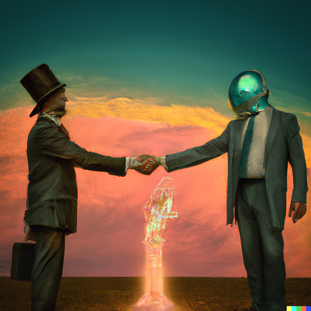 &ldquo;Recreate the Pink Floyd &lsquo;burning man&rsquo; photo but with a scientist and AI shaking hands in the style of Magritte&rdquo; by DALL-E.