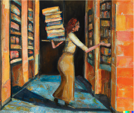 &ldquo;a painting of a friendly person pulling books from the library in Alexandria in the style of Ruth Cahn&rdquo; by DALL-E.