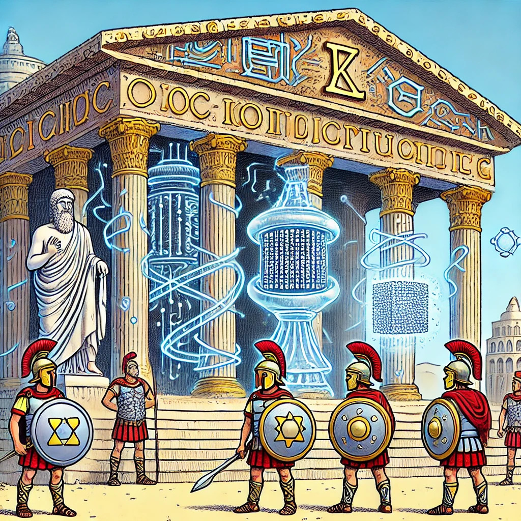 &ldquo;A humorous cartoon-style depiction, inspired by Indian cartoonist R. K. Laxman, blending the Roman Empire with a clear quantum technology theme.&rdquo; by DALL-E3.