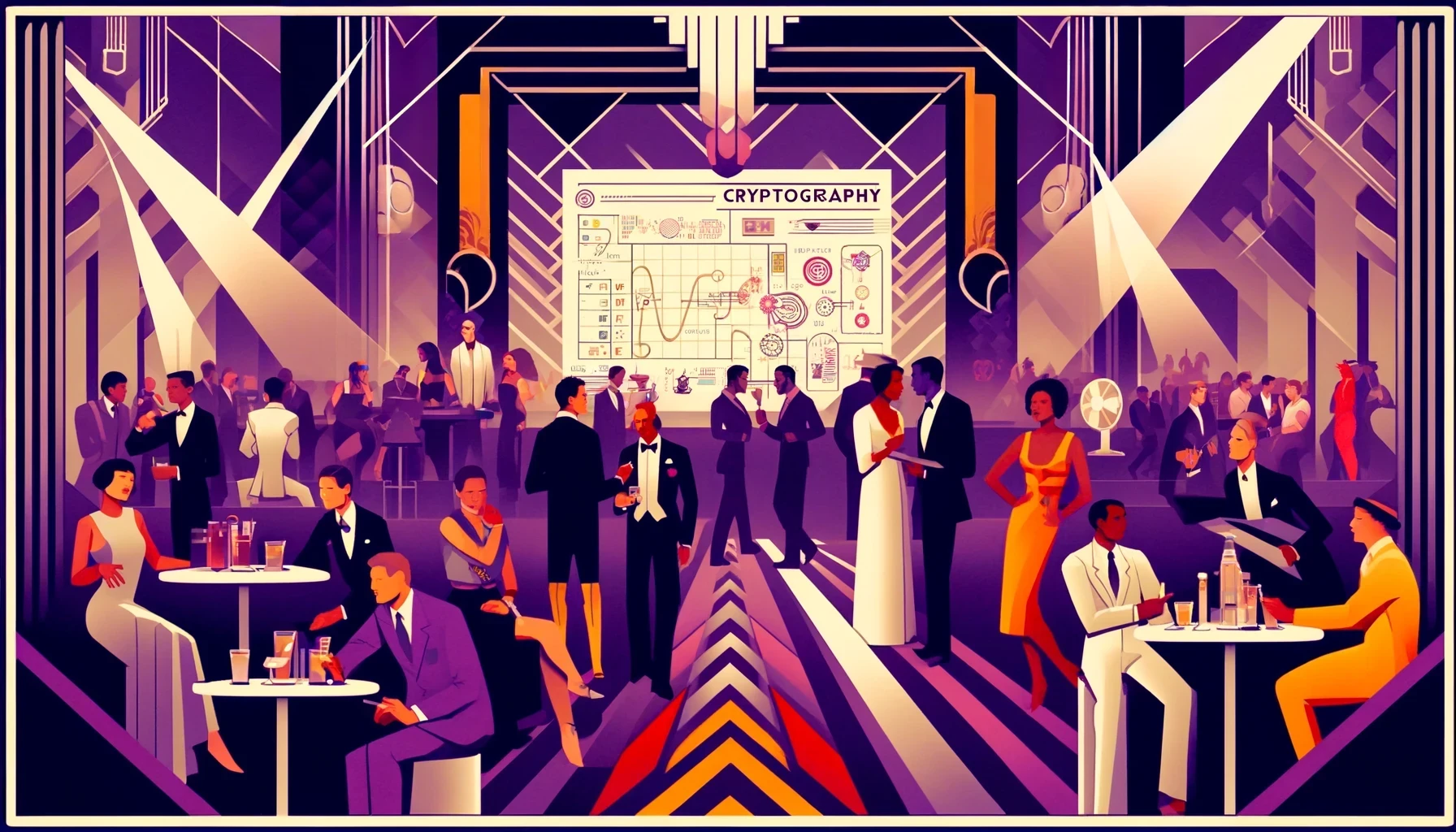 &ldquo;An art deco-style painting inspired by Archibald John Motley Jr.&rsquo;s &lsquo;Nightlife&rsquo;, featuring a diverse group of people discussing cryptography&rdquo; by DALL-E 3.