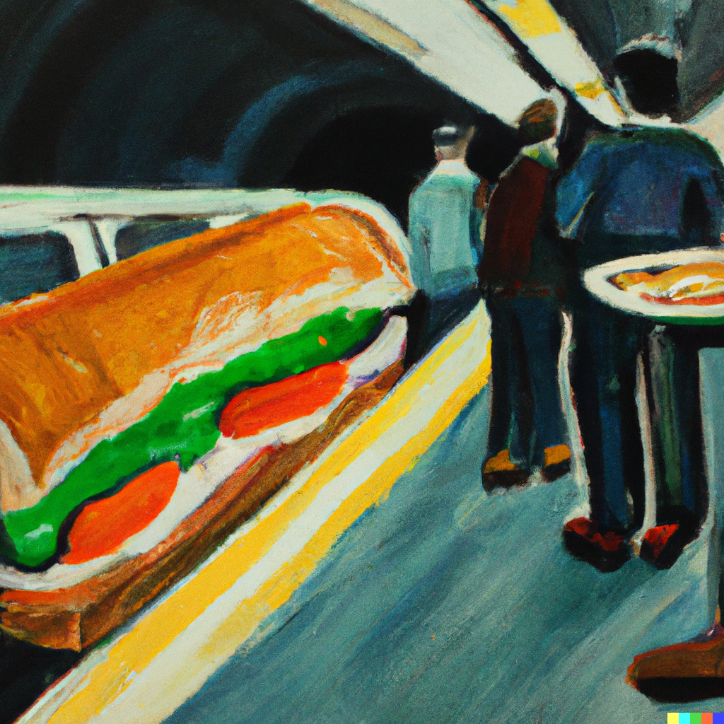 &ldquo;a painting of a footlong sandwich, arriving to the platform on the London underground.