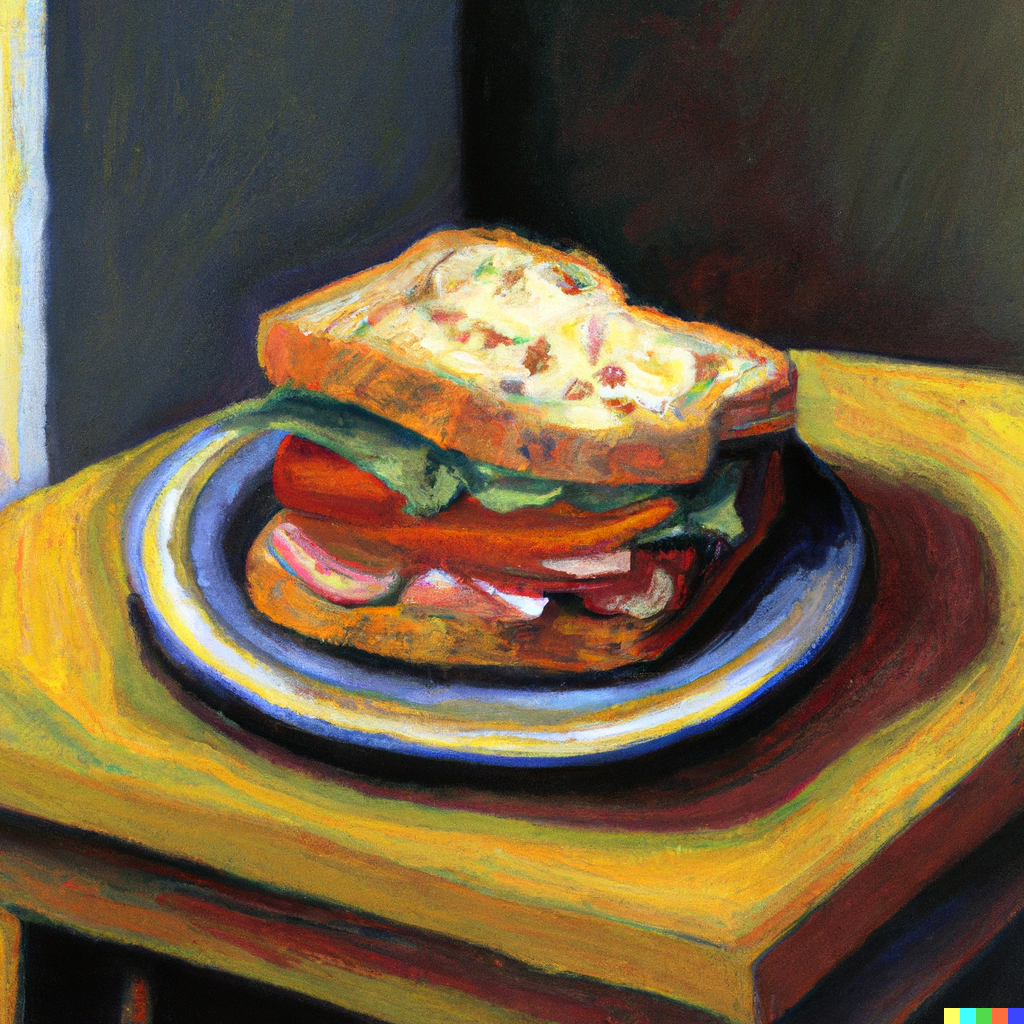 &ldquo;a still life painting of a sandwich on a table in the style of Paul Cézanne.