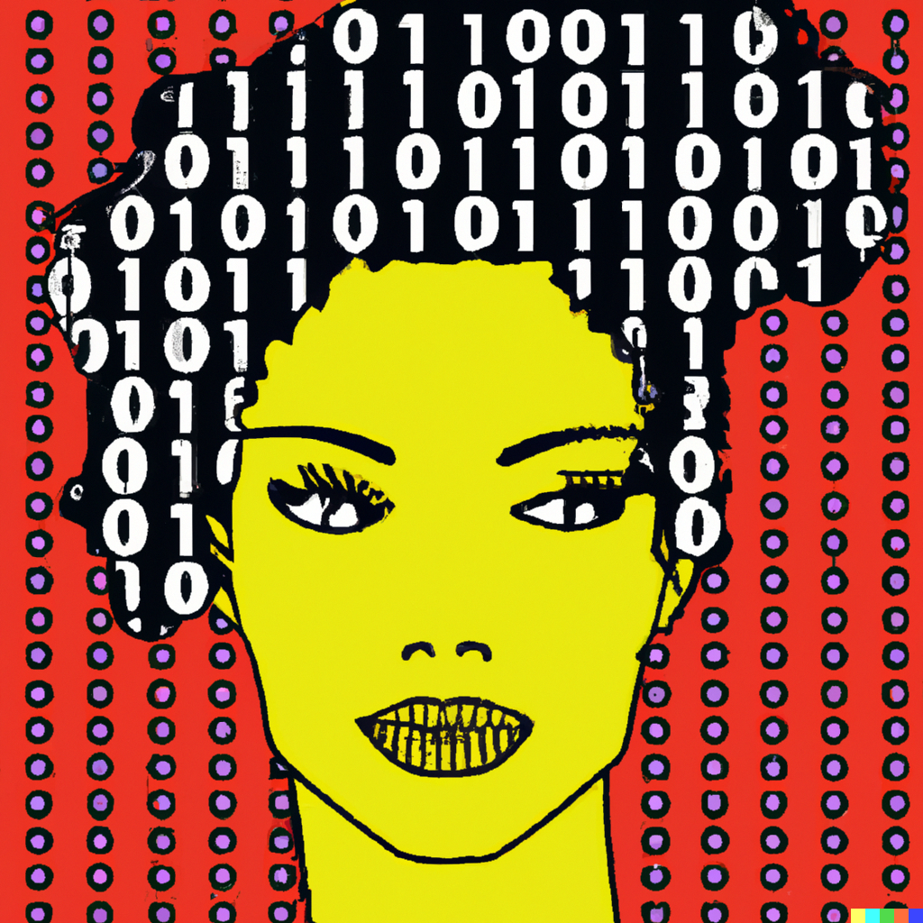 &ldquo;Binary codes in the head of human in the style of pop art&rdquo; by DALL-E2.