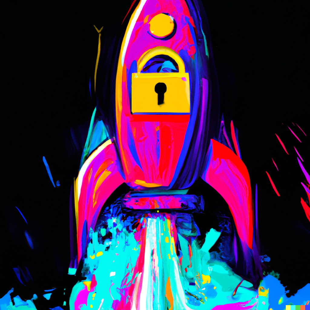 &ldquo;A fast padlock rocket from a distance in the style of cyber punk&rdquo; by DALL-E2.